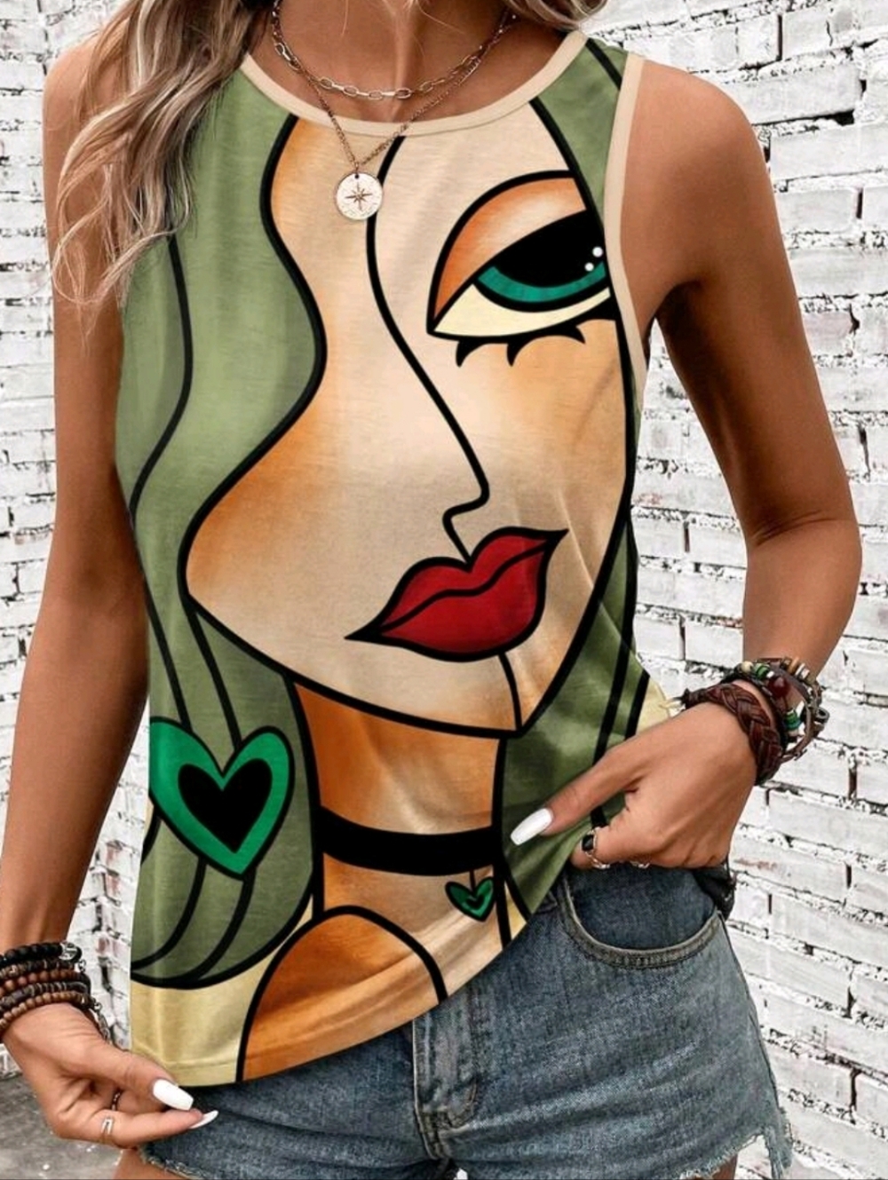 Abstract Portrait Sleeveless Tank Top in Green and Red